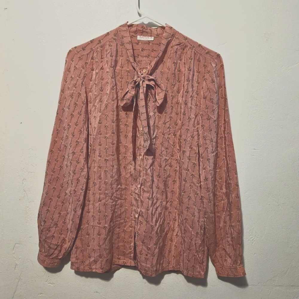 Vintage Pink Long Sleeved Silk Blouse with Ribbons/Bow
